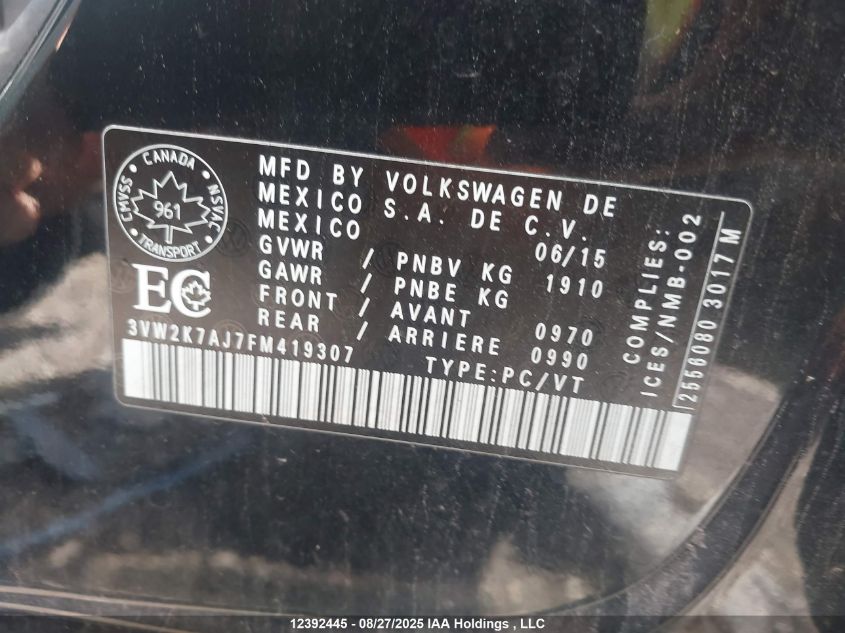 2015 Volkswagen Jetta S VIN: 3VW2K7AJ7FM419307 Lot: 12392445