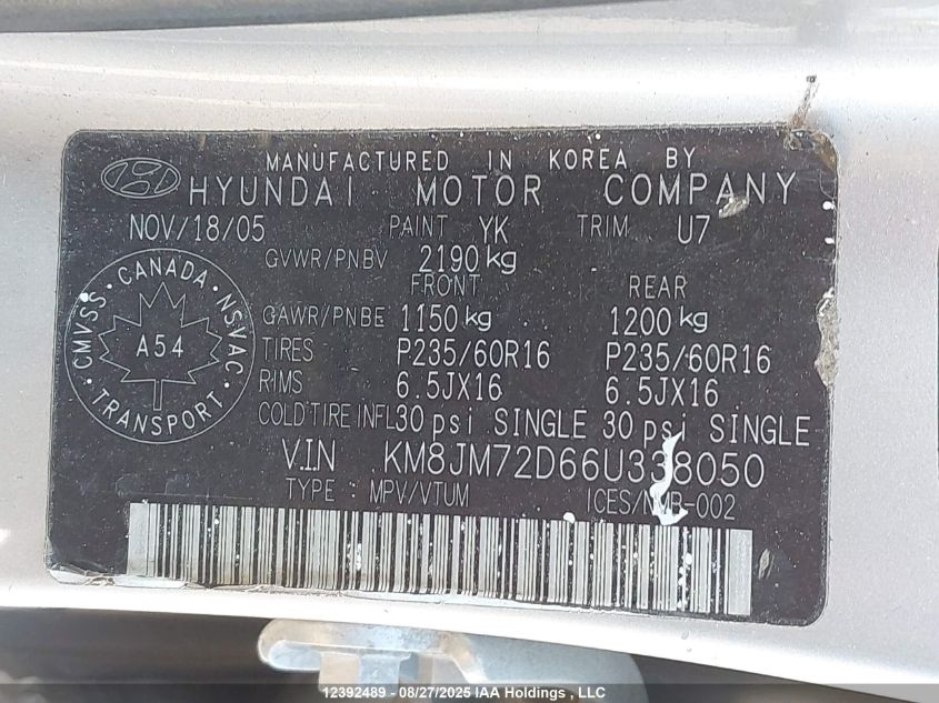 2006 Hyundai Tucson Gl VIN: KM8JM72D66U338050 Lot: 12392489