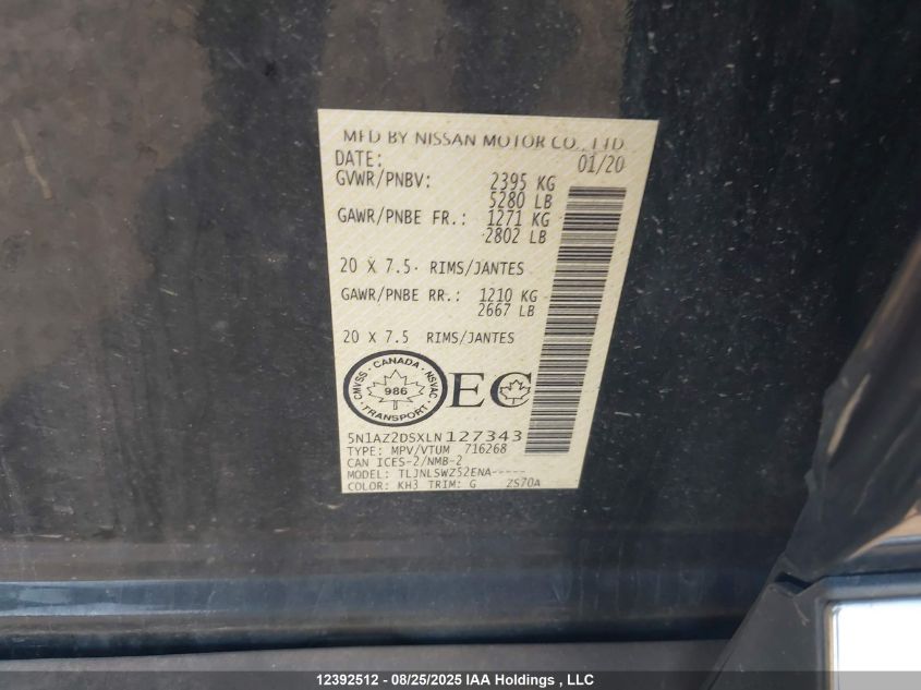 2020 Nissan Murano Platinum VIN: 5N1AZ2DSXLN127343 Lot: 12392512