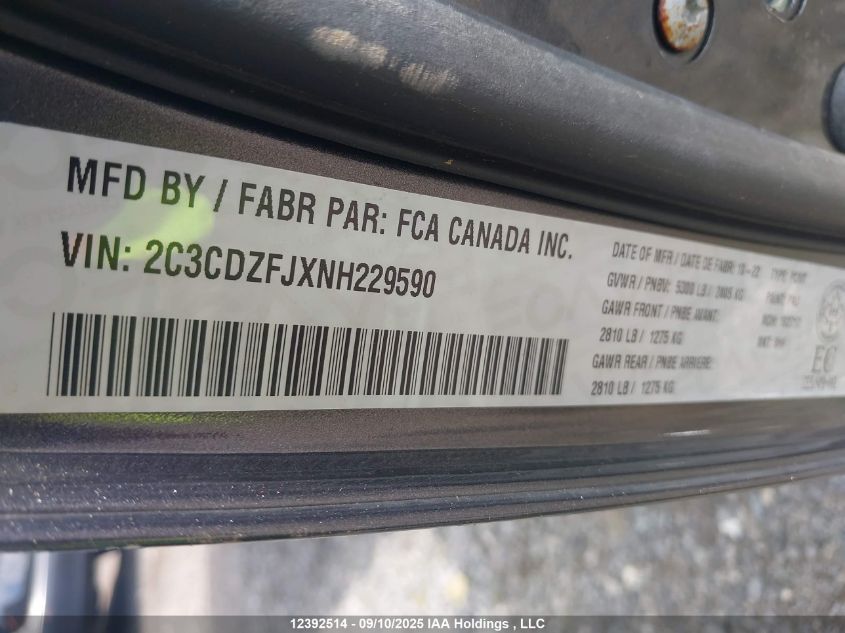 2022 Dodge Challenger Scat Pack 392 VIN: 2C3CDZFJXNH229590 Lot: 12392514