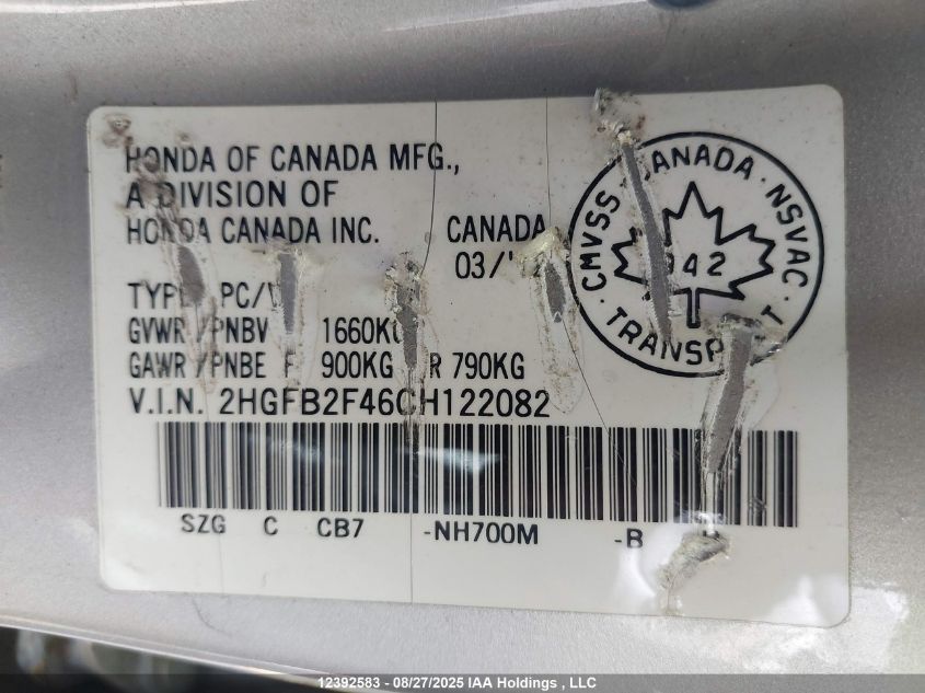 2012 Honda Civic Lx VIN: 2HGFB2F46CH122082 Lot: 12392583