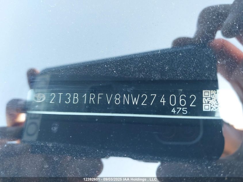 2022 Toyota Rav4 Le VIN: 2T3B1RFV8NW274062 Lot: 12392601