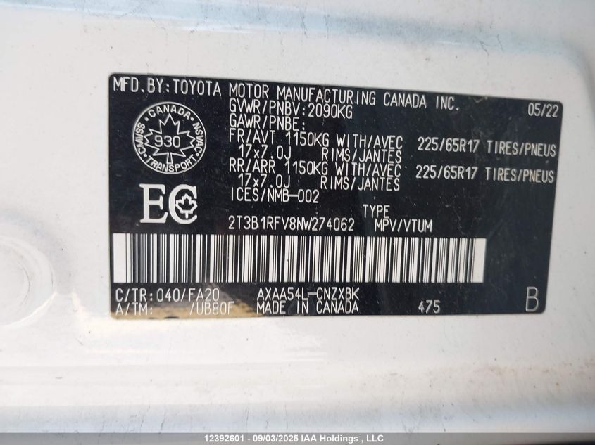 2022 Toyota Rav4 Le VIN: 2T3B1RFV8NW274062 Lot: 12392601