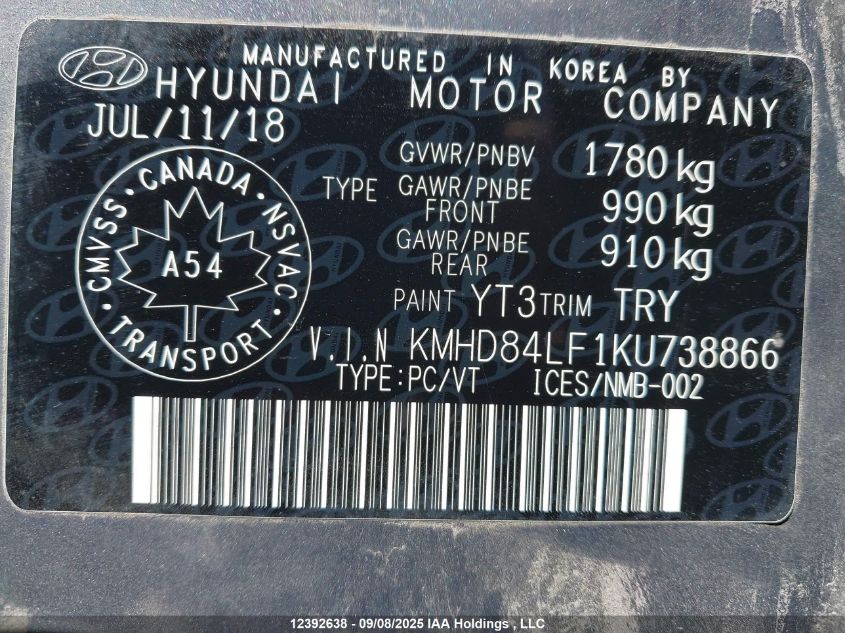 2019 Hyundai Elantra VIN: KMHD84LF1KU738866 Lot: 12392638