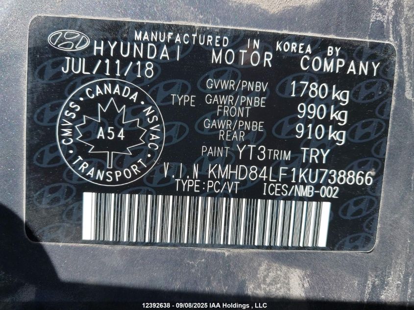 2019 Hyundai Elantra VIN: KMHD84LF1KU738866 Lot: 12392638