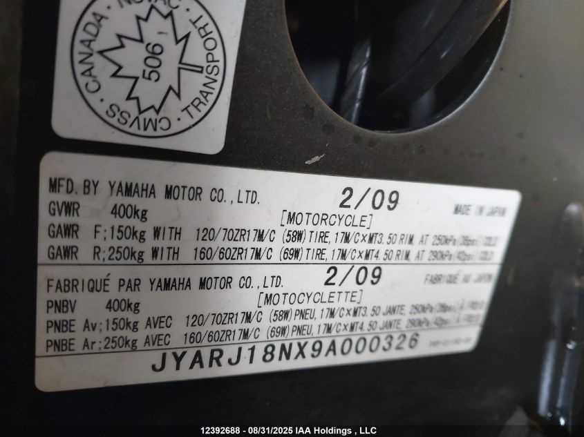 2009 Yamaha Fz6 R VIN: JYARJ18NX9A000326 Lot: 12392688