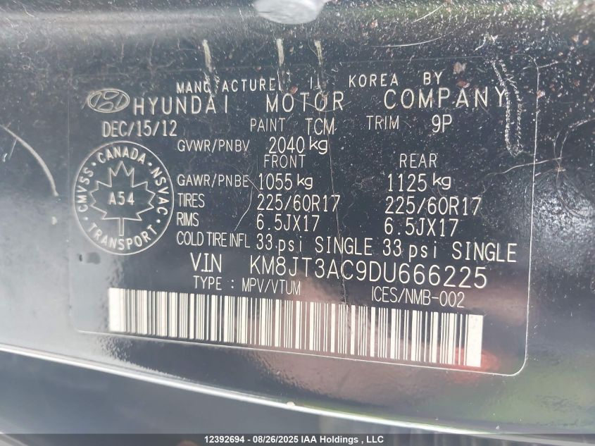 2013 Hyundai Tucson Gl VIN: KM8JT3AC9DU666225 Lot: 12392694