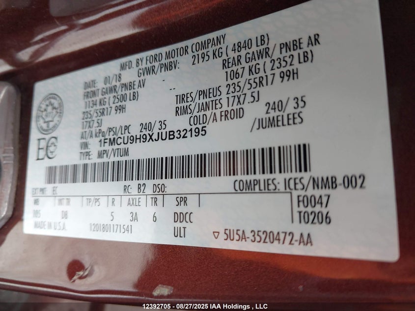 1FMCU9H9XJUB32195 2018 FORD ESCAPE photo no. 19