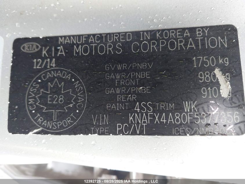 2015 Kia Forte VIN: KNAFX4A80F5377356 Lot: 12392725