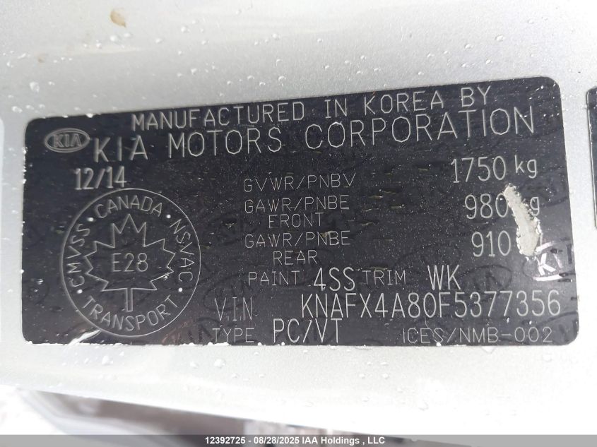 2015 Kia Forte VIN: KNAFX4A80F5377356 Lot: 12392725