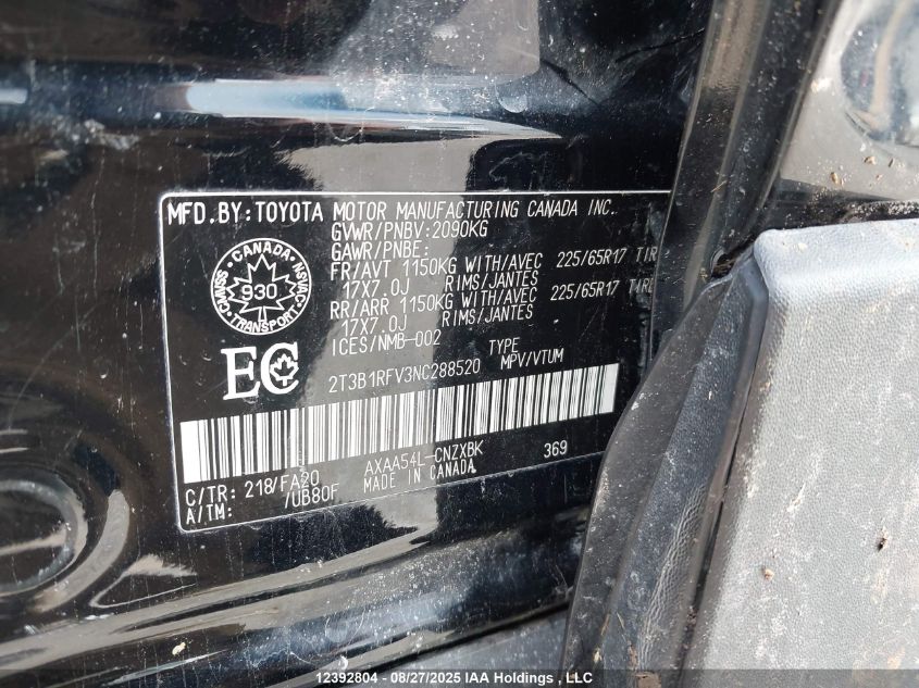 2022 Toyota Rav4 Le VIN: 2T3B1RFV3NC288520 Lot: 12392804