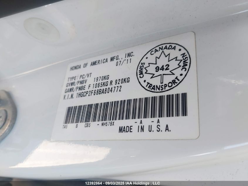 2011 Honda Accord Se VIN: 1HGCP2F68BA804772 Lot: 12392864