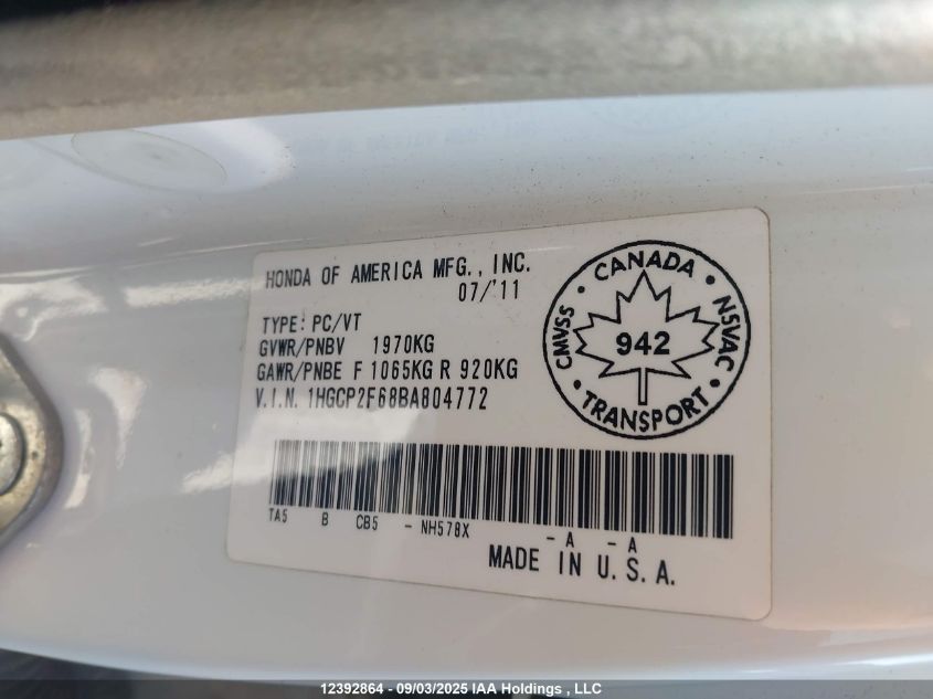 2011 Honda Accord Se VIN: 1HGCP2F68BA804772 Lot: 12392864