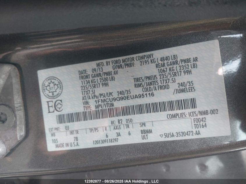 2014 Ford Escape Se VIN: 1FMCU9G90EUA95116 Lot: 12392877