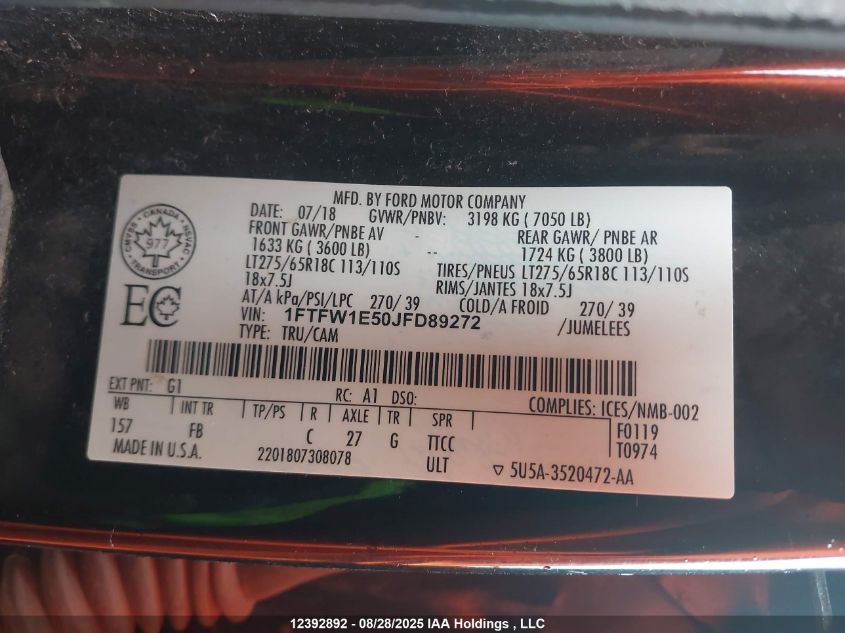 2018 Ford F150 Supercrew VIN: 1FTFW1E50JFD89272 Lot: 12392892