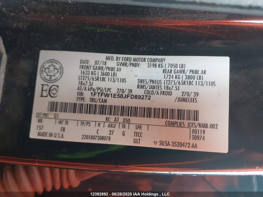 2018 Ford F150 Supercrew VIN: 1FTFW1E50JFD89272 Lot: 12392892