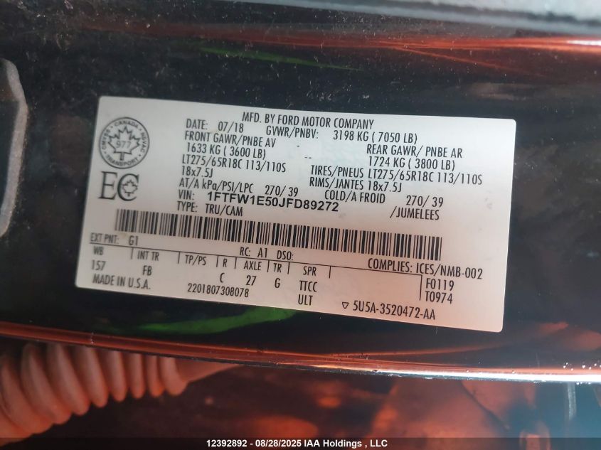 2018 Ford F150 Supercrew VIN: 1FTFW1E50JFD89272 Lot: 12392892