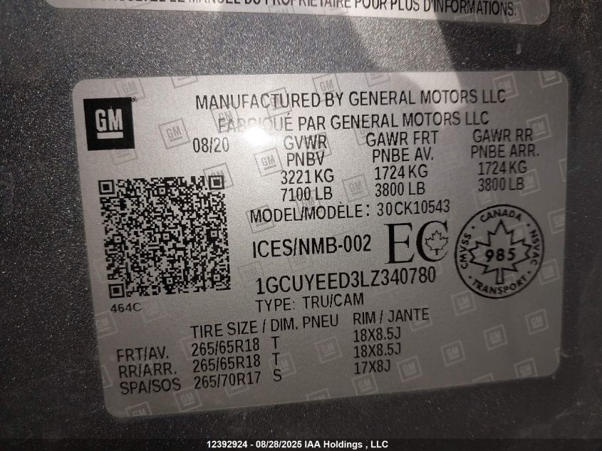 2020 Chevrolet Silverado K1500 Rst VIN: 1GCUYEED3LZ340780 Lot: 12392924