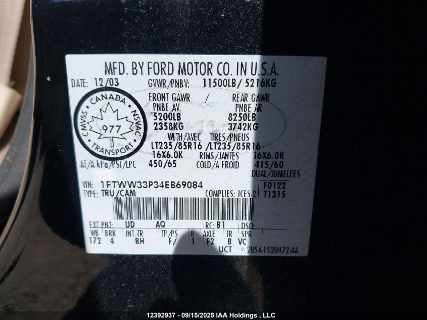 2004 Ford F350 Super Duty VIN: 1FTWW33P34EB69084 Lot: 12392937