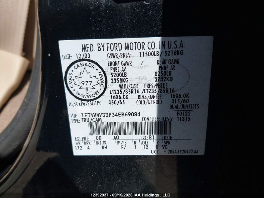 2004 Ford F350 Super Duty VIN: 1FTWW33P34EB69084 Lot: 12392937