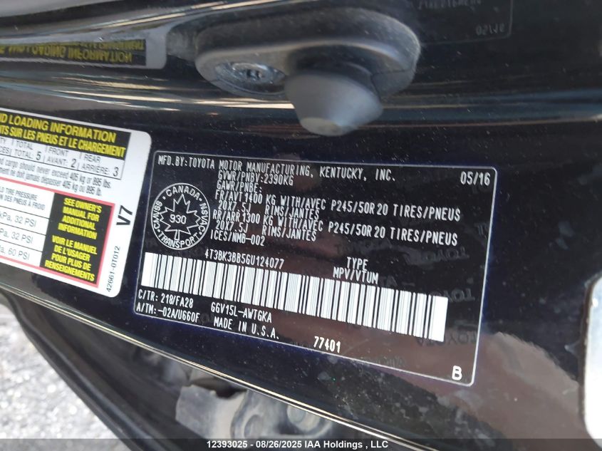 2016 Toyota Venza Xle VIN: 4T3BK3BB5GU124077 Lot: 12393025