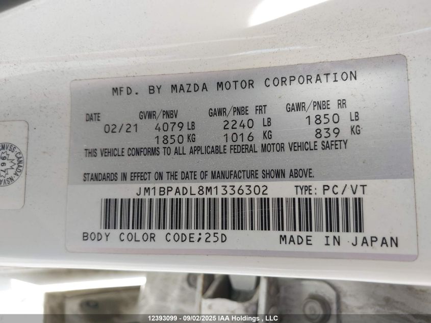 2021 Mazda 3 Premium VIN: JM1BPADL8M1336302 Lot: 12393099