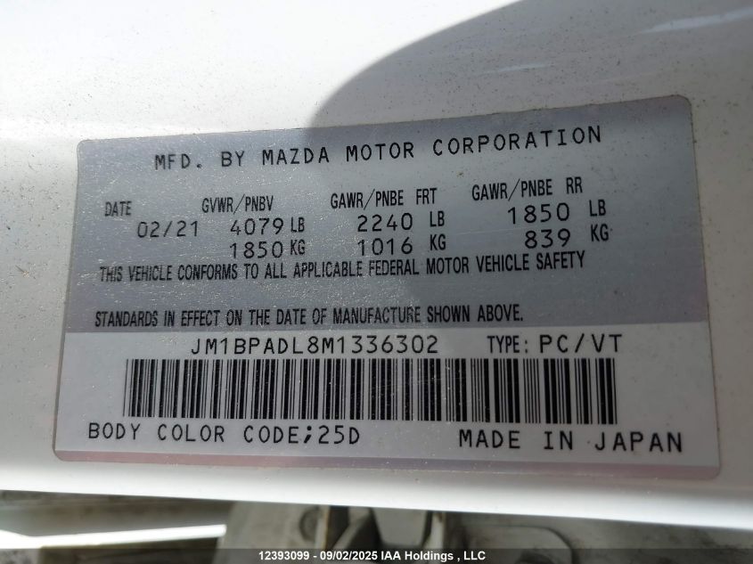2021 Mazda 3 Premium VIN: JM1BPADL8M1336302 Lot: 12393099