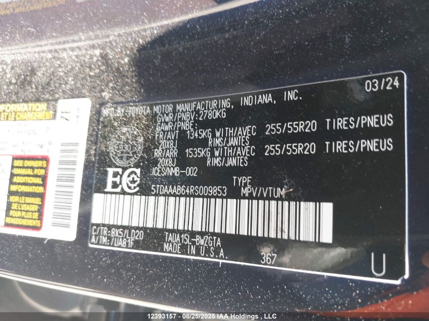 2024 Lexus Tx 350 VIN: 5TDAAAB64RS009853 Lot: 12393157