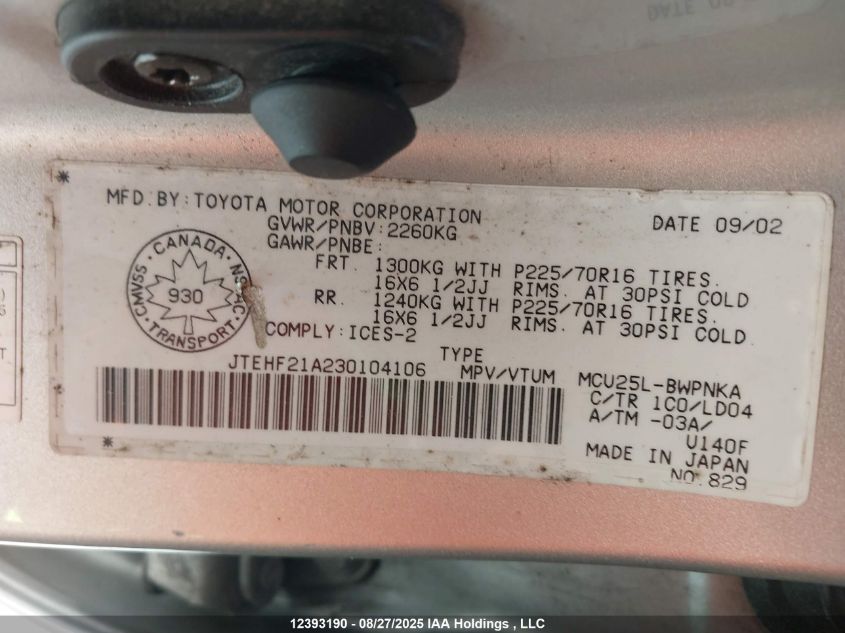 2003 Toyota Grand Highlander VIN: JTEHF21A230104106 Lot: 12393190