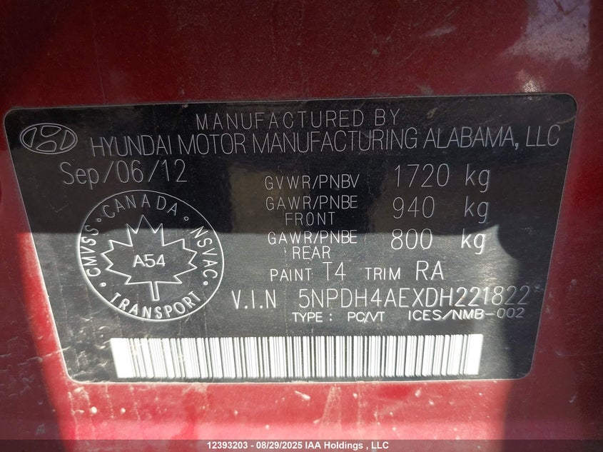 2013 Hyundai Elantra Gl VIN: 5NPDH4AEXDH221822 Lot: 12393203