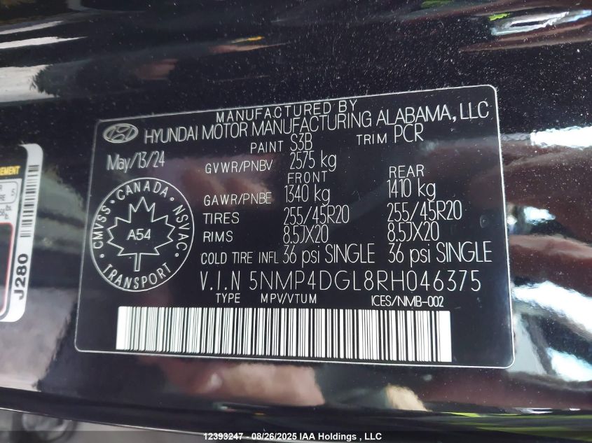 2024 Hyundai Santa Fe Limited VIN: 5NMP4DGL8RH046375 Lot: 12393247