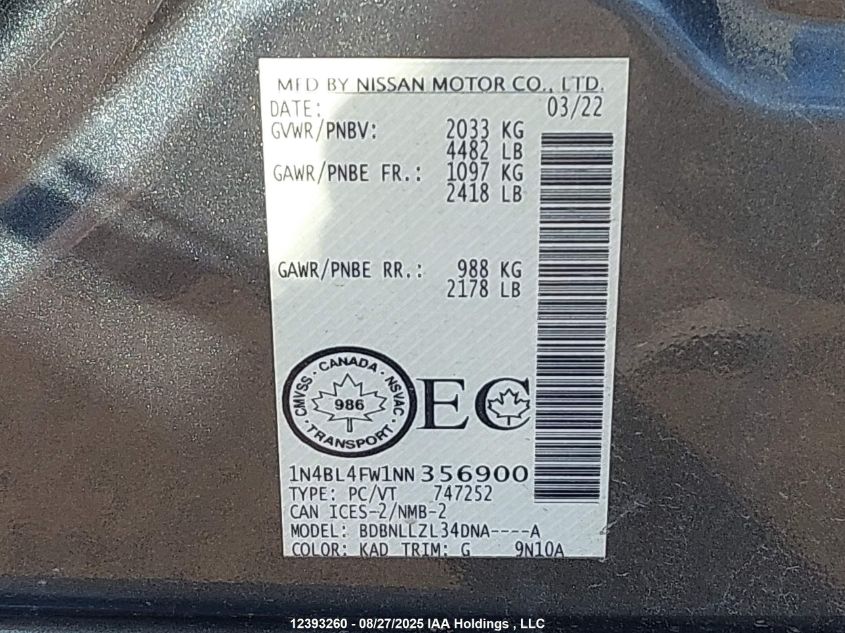 2022 Nissan Altima 2.5 Platinum VIN: 1N4BL4FW1NN356900 Lot: 12393260