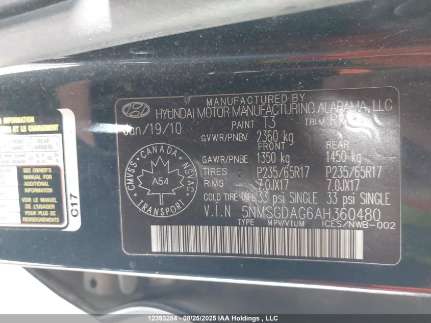 2010 Hyundai Santa Fe Gl 3.5 VIN: 5NMSGDAG6AH360480 Lot: 12393284