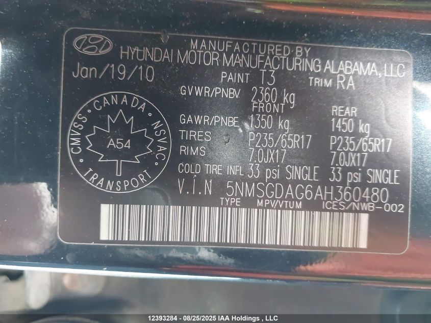 2010 Hyundai Santa Fe Gl 3.5 VIN: 5NMSGDAG6AH360480 Lot: 12393284