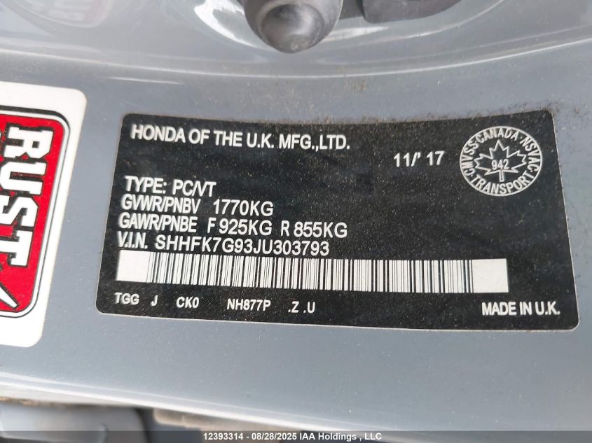 2018 Honda Civic Sport Touring VIN: SHHFK7G93JU303793 Lot: 12393314
