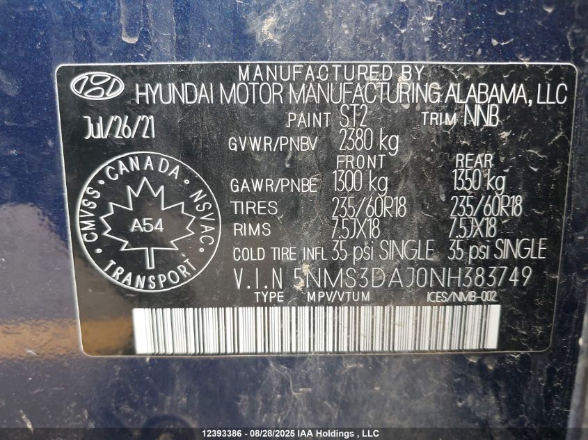 2022 Hyundai Santa Fe Preferred Awd With Trend Package VIN: 5NMS3DAJ0NH383749 Lot: 12393386