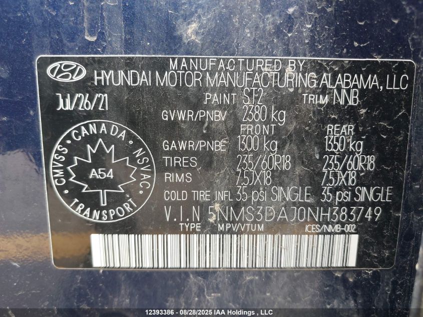 2022 Hyundai Santa Fe Preferred Awd With Trend Package VIN: 5NMS3DAJ0NH383749 Lot: 12393386