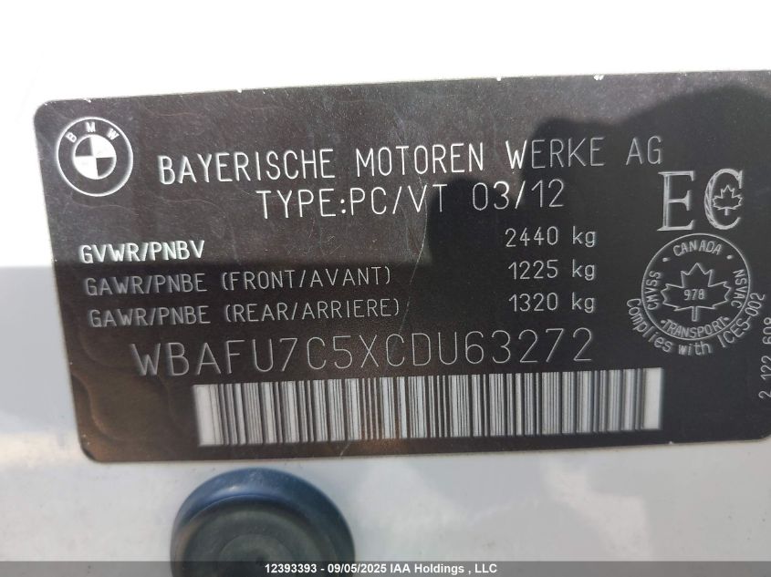 2012 BMW 535 Xi VIN: WBAFU7C5XCDU63272 Lot: 12393393