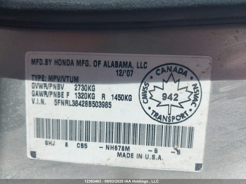 5FNRL38428B503985 2008 HONDA ODYSSEY photo no. 9