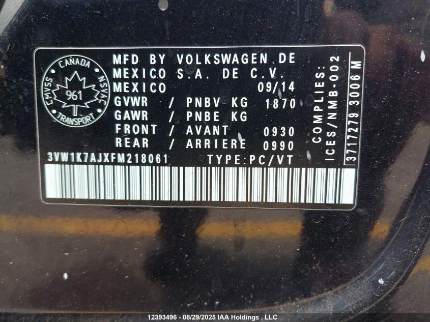 2015 Volkswagen Jetta S VIN: 3VW1K7AJXFM218061 Lot: 12393496