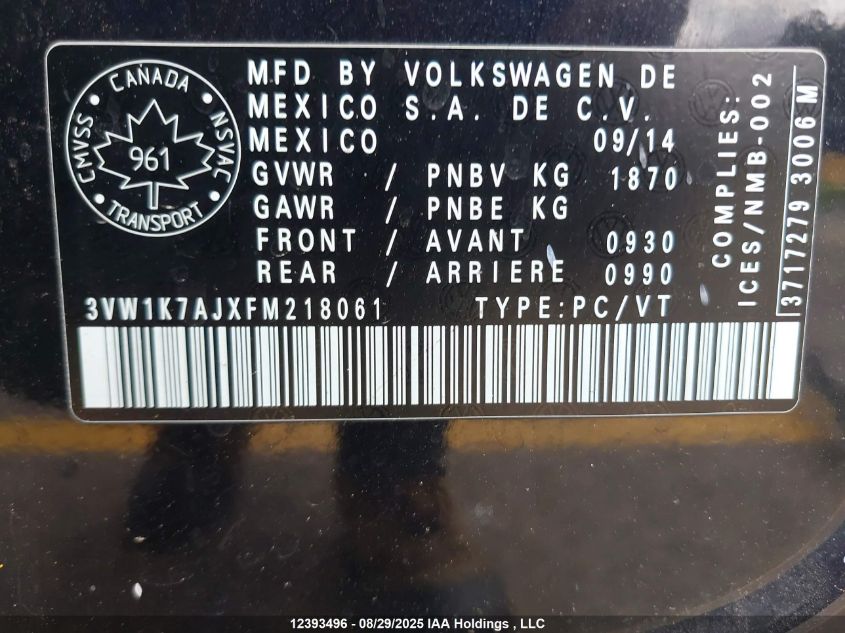 2015 Volkswagen Jetta S VIN: 3VW1K7AJXFM218061 Lot: 12393496