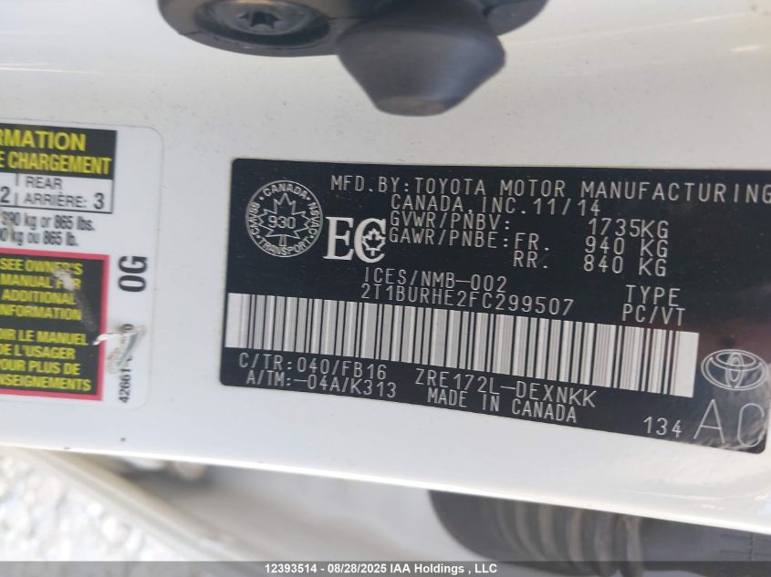 2015 Toyota Corolla Le VIN: 2T1BURHE2FC299507 Lot: 12393514