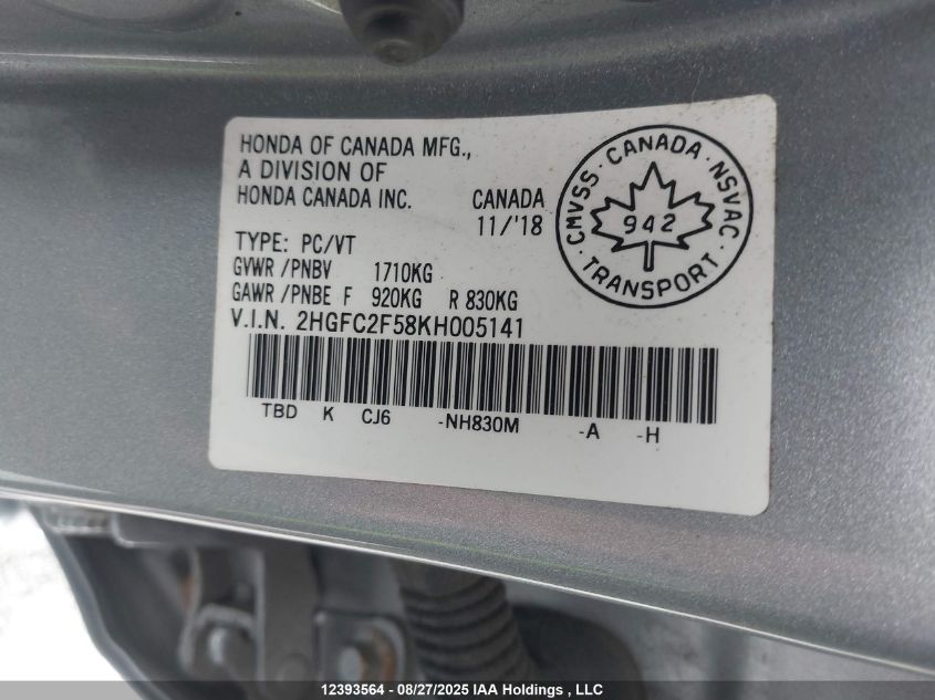 2019 Honda Civic Lx VIN: 2HGFC2F58KH005141 Lot: 12393564