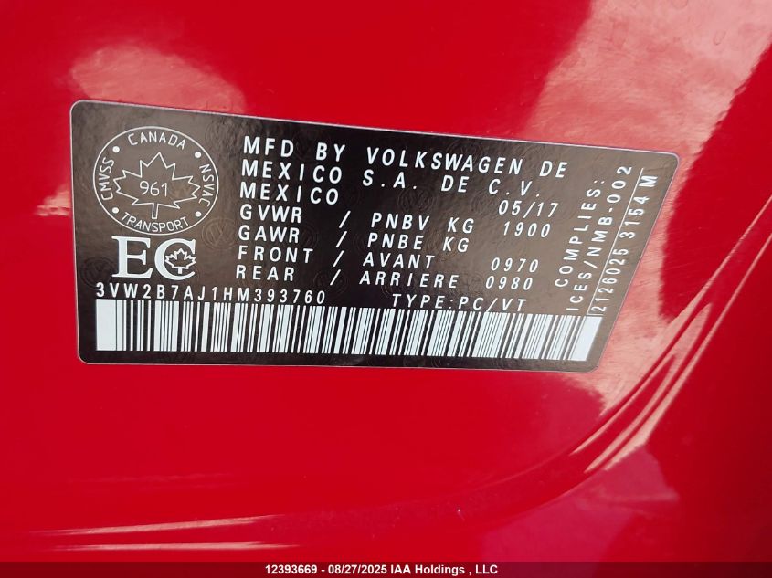 2017 Volkswagen Jetta Sedan VIN: 3VW2B7AJ1HM393760 Lot: 12393669