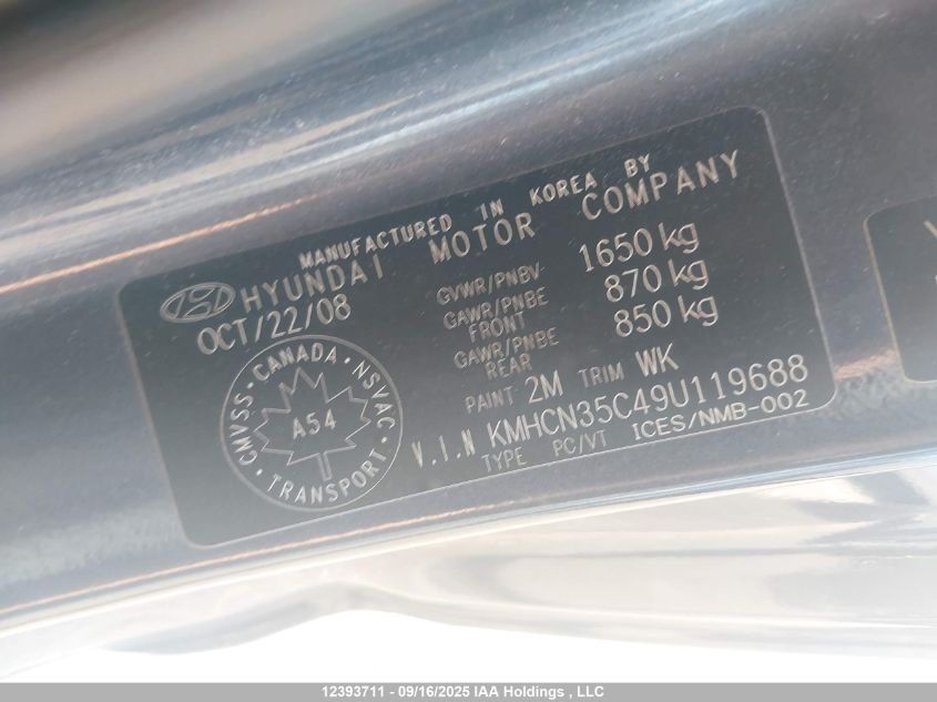 2009 Hyundai Accent Se VIN: KMHCN35C49U119688 Lot: 12393711