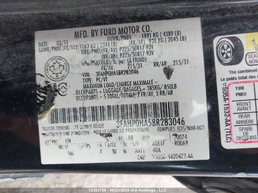 2011 Ford Fusion Se VIN: 3FAHP0HA5BR283046 Lot: 12393759