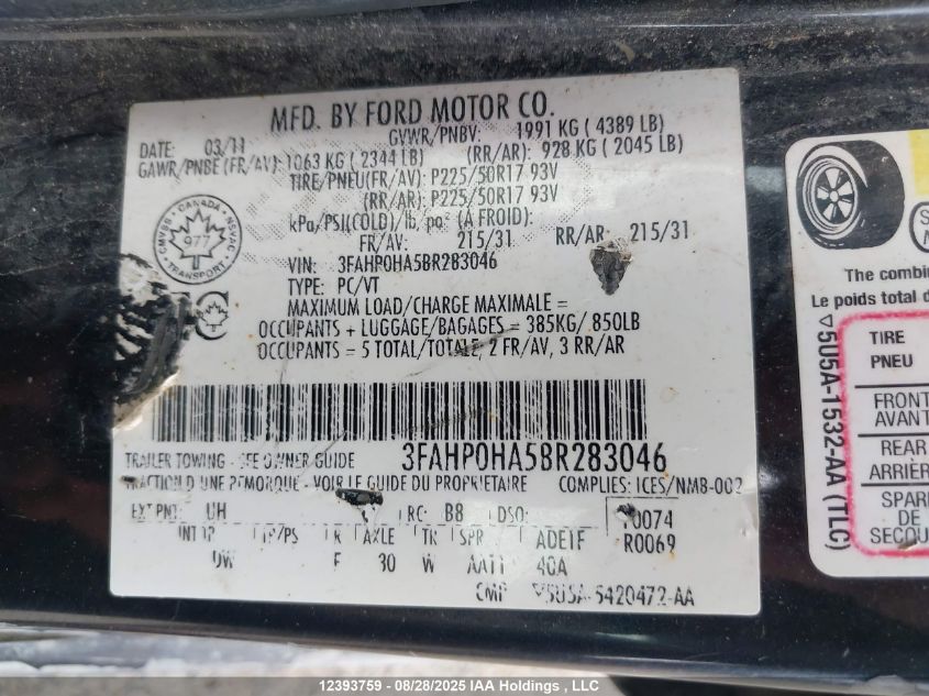 2011 Ford Fusion Se VIN: 3FAHP0HA5BR283046 Lot: 12393759