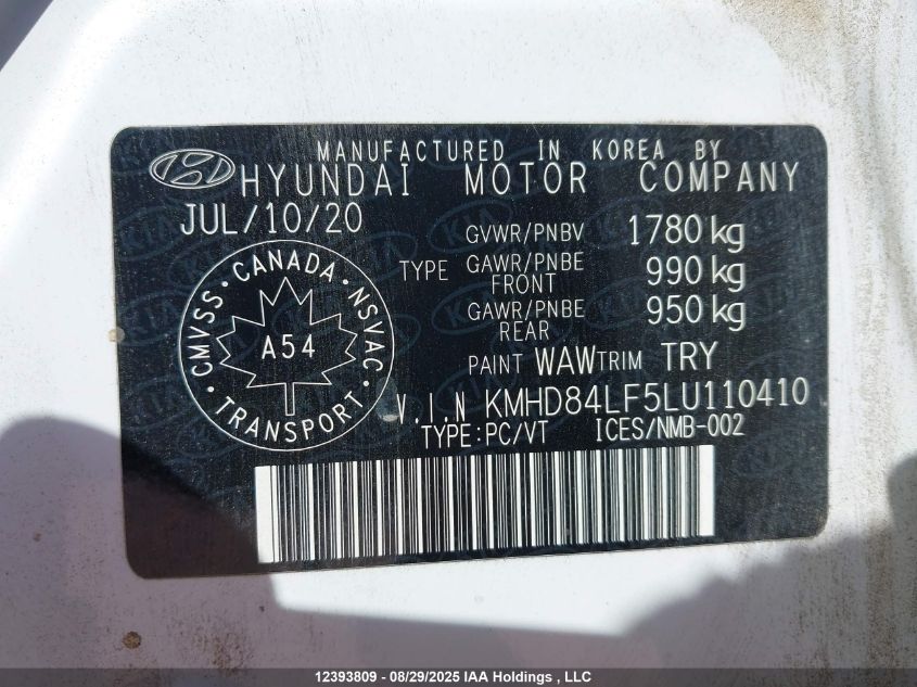 2020 Hyundai Elantra Sel/Value/Limited VIN: KMHD84LF5LU110410 Lot: 12393809