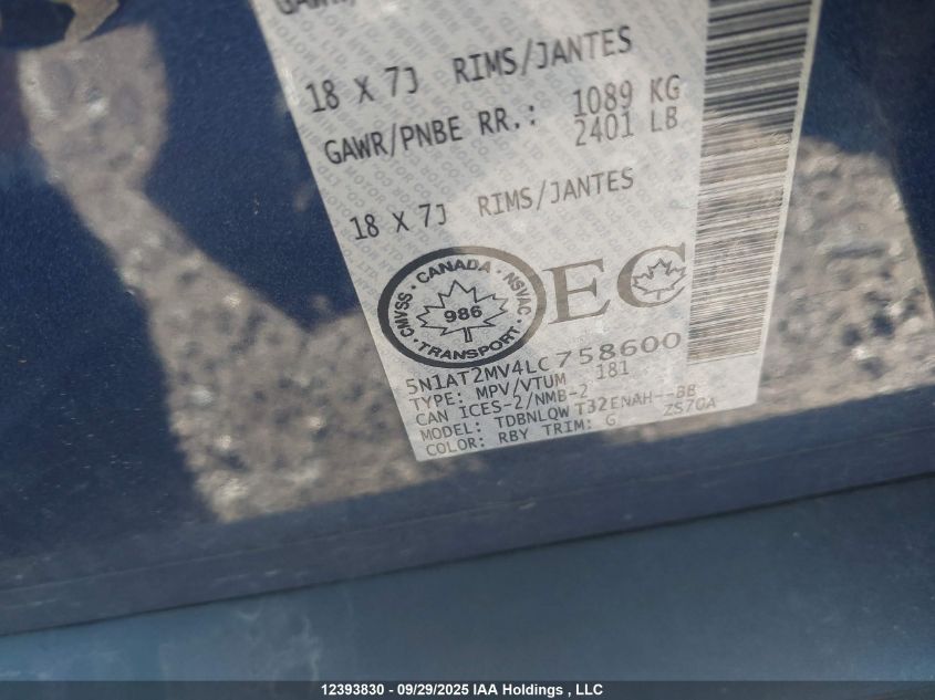 2020 Nissan Rogue VIN: 5N1AT2MV4LC758600 Lot: 12393830