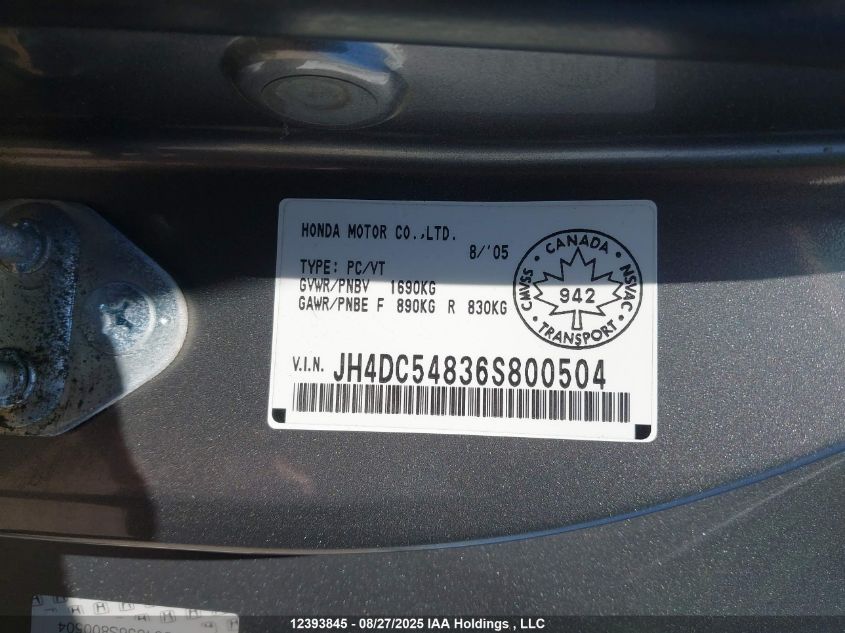 2006 Acura Rsx VIN: JH4DC54836S800504 Lot: 12393845